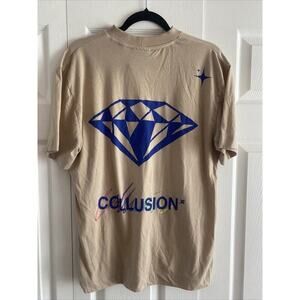 Collusion Men's Tan High Neck Graphic Tee Diamond Print Grunge Medium Streetwear